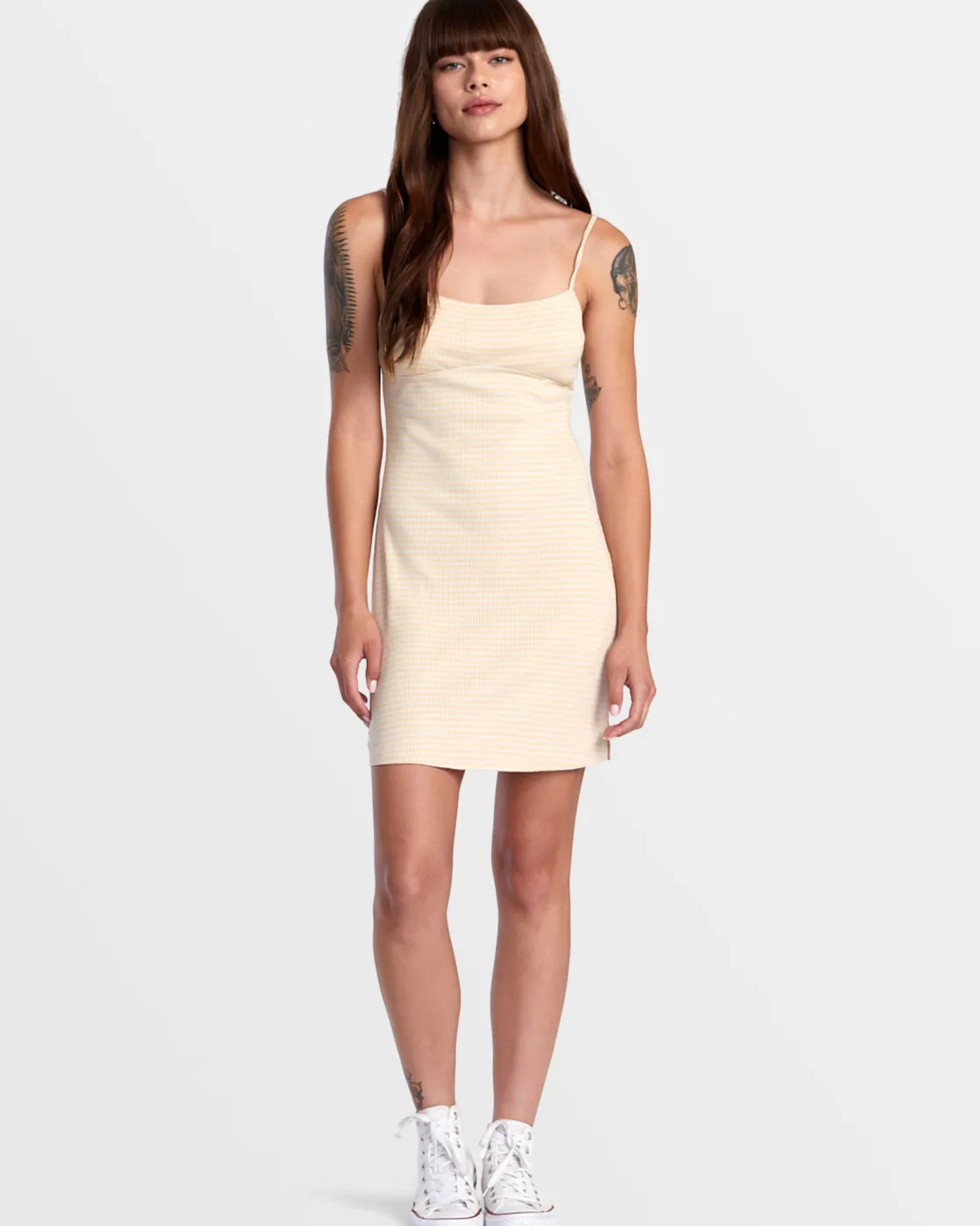 RVCA DIXIE FITTED MINI STRIPE DRESS Latte Clearance