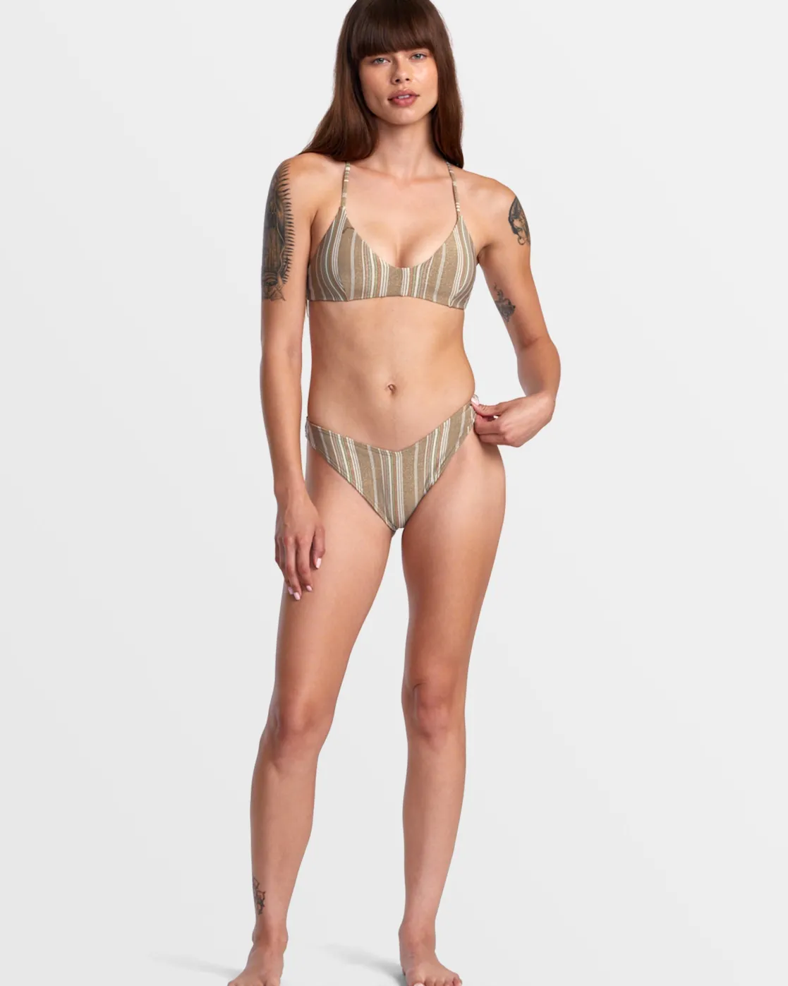 RVCA PINS LUREX V-FRONT FRENCH BIKINI BOTTOMS Dark Khaki New